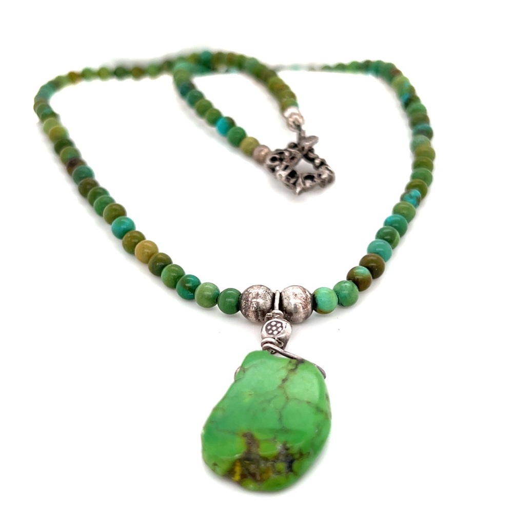 Green Beaded Necklace with Silver Accents - Picture 2 of 5